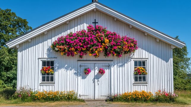 Old Swedish church on the Island of Sandhamn Built in 1935 white wooden building Flower decorations hanging above the entrance door Summer day in the Stockholm archipelago Scandinavian church