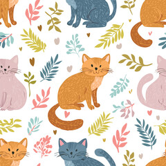 Fototapeta premium Cute cat hand drawn seamless pattern