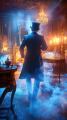 Distinguished Victorian Gentleman with Top Hat in a Richly Decorated Study with Antique Furniture and Warm Lighting