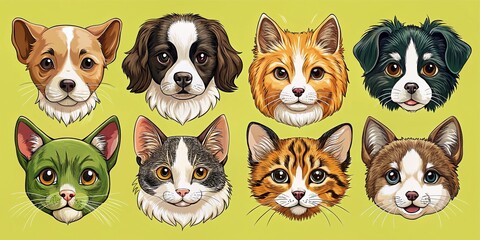 Obraz premium Cute Hand-Drawn Vector Dogs and Cats Heads on Yellow Background – Adorable Puppies and Kittens in Various Colors for Pet Lovers and Animal Enthusiasts