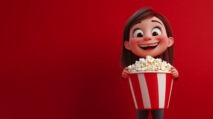 Cute Cartoon Girl Holding a Bucket of Popcorn