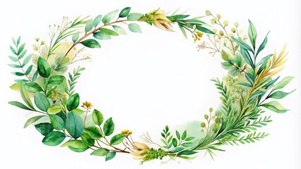 Fototapeta premium Delicate Watercolor Foliage Wreath with Greenery and Herbs for Natural Gold and Green Wedding Stationery Illustrations