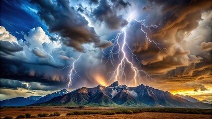 Dramatic stormy weather over a majestic mountain range with towering clouds and lightning, cloud formations, skiescape, thunderstorms