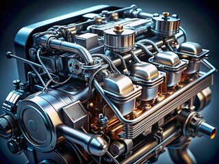 Obraz premium Detailed 3D Rendering of Internal Combustion Engine Showcasing Power, Ignition, Cooling, Lubrication, Exhaust Systems, Crank, and Gas Distribution Mechanism in Tilt-Shift Photography Style