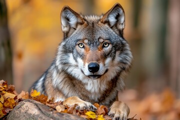 Obraz premium Realistic view of a wolf in the forest, with intricate fur details and focused, alert eyes