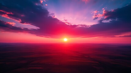 Stunning sunset over vast open terrain with vibrant colors filling the sky.