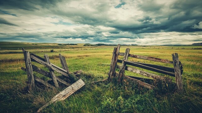 Abandoned countryside Concept summer landscape with old broken fence at pasture under cloudy sky Nature background in vintage style