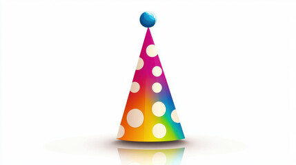 Colorful party hat with polka dots in playful style, featuring vibrant gradient and blue pom pom on top, perfect for festive celebrations and joyful occasions