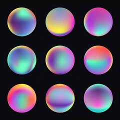 Set of nine iridescent gradient spheres on black