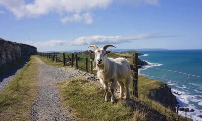 Mountain goat standing on a road with sea in the background