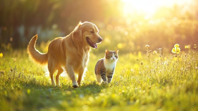 Furry friends a dog and a cat walk amicably through a bright summer meadow in the sunlight
