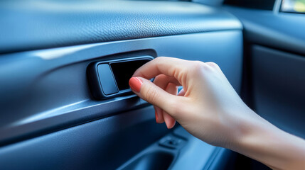 Womans hand pressing a car window lock button