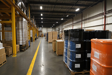 large warehouse with many pallets of boxes and barrels