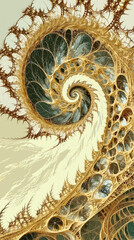 Intricate fractal spiral pattern resembling a nautilus shell, showcasing fine details and organic textures in a visually captivating abstract design