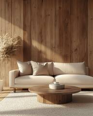 Minimalist interior design of modern bright and airy living room with a white sofa and wooden accents. Large abstract art and natural light bring warmth and elegance to the minimal decor.