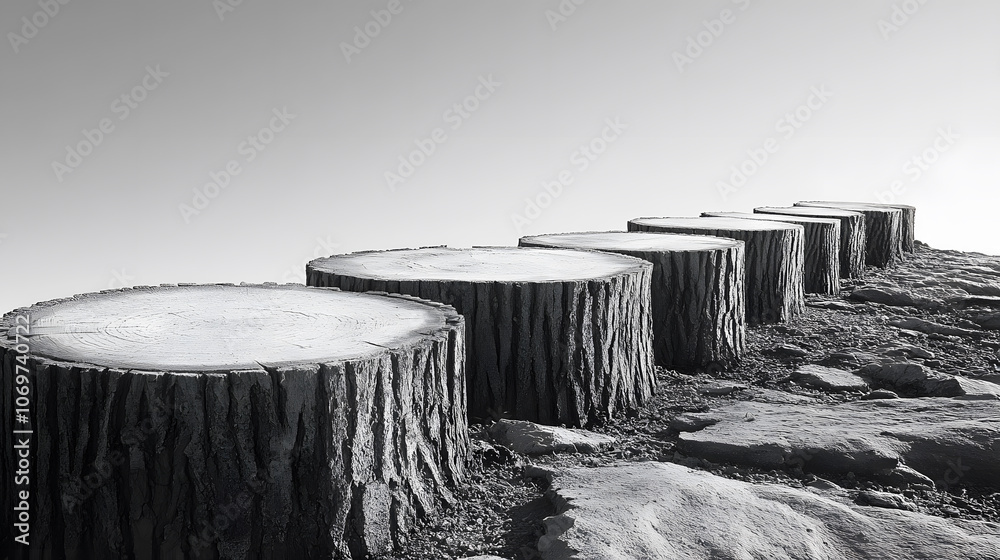 Poster a series of tree stumps arranged in a line against a stark background, highlighting deforestation an