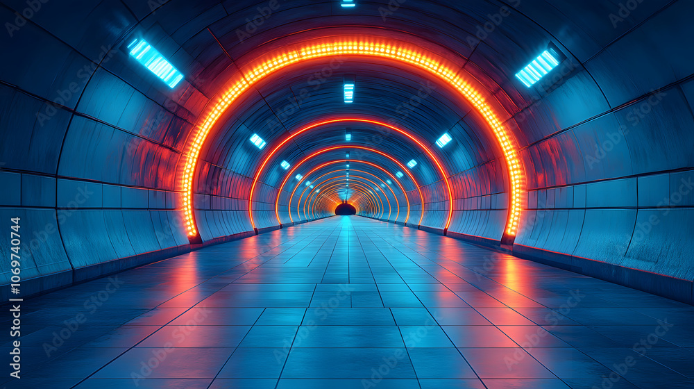 Poster a futuristic tunnel illuminated by glowing orange and blue lights, creating a vibrant and captivatin