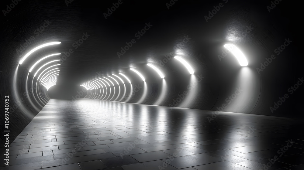 Poster a dimly lit tunnel with circular light fixtures reflecting on a wet floor, creating an eerie and atm