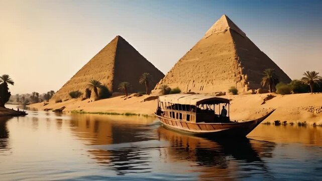 A boat traveling down a river with the pyramids in the background