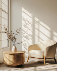 Minimalist interior design of modern bright and airy living room with a beige armchair and wooden accents. Large abstract art and natural light bring warmth and elegance to the minimal decor.