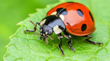 Naklejka premium A close-up of a ladybug crawling across a vibrant green leaf, symbolizing the small