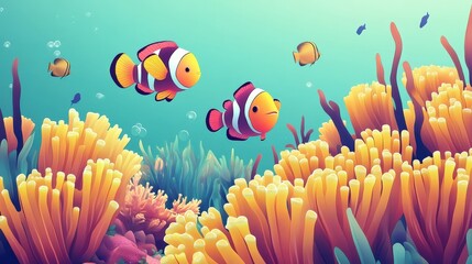 A coral reef with colorful fish swimming among bright sea anemones