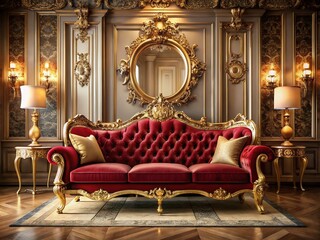 Fototapeta premium Elegant Contrast of a Crimson Sofa Set Against a Gold-Trimmed Art Deco Interior in Long Exposure, Showcasing Luxurious Textures and Rich Colors for Stunning Visual Appeal