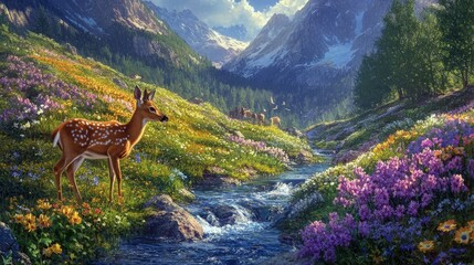 Obraz premium A mountain stream flowing through a meadow filled with wildflowers, where a deer drinks from the water