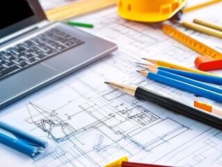 Architect's Blueprint with Tools and Laptop.