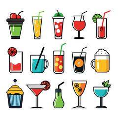 set of different type of drink line art icon