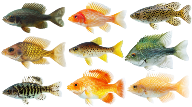 Colorful Fish Collage 8 Diverse Species in a Row, Fish, Aquarium