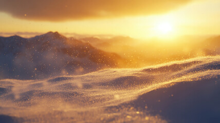 Sparkling snowflakes in sunlight with a golden winter sunrise over mountains
