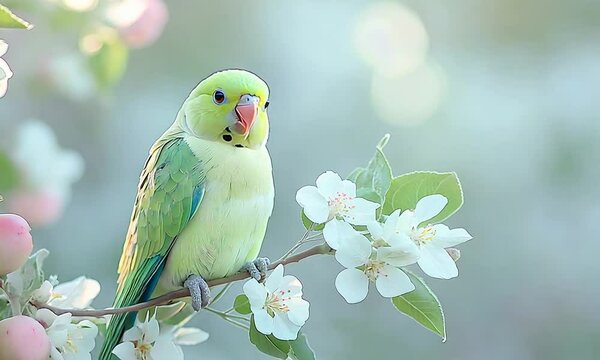 Green parrot perched on a branch, closeup