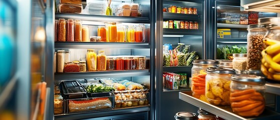 Well-Stocked Refrigerator with Fresh Food and Preserved Items.
