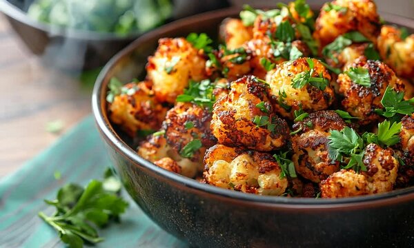Deep fried cauliflower pieces with coriander and parsley in a wooden bowl