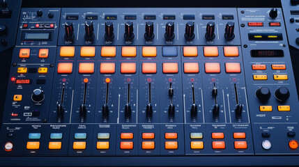 Sound and audio adjusting control panel with buttons sliders and display Digital music record mixer equipment for dj and musician media production
