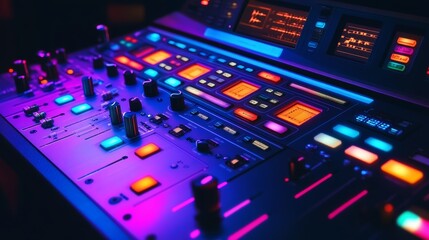 Obraz premium Sound and audio adjusting control panel with buttons sliders and display Digital music record mixer equipment for dj and musician media production