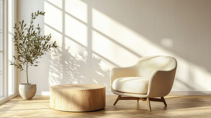 Minimalist interior design of modern bright and airy living room with a beige armchair and wooden accents. Large abstract art and natural light bring warmth and elegance to the minimal decor.