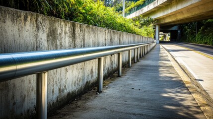 Fototapeta premium Metallic guardrail on sidewalk Concrete wall of an underpass with vegetation at top on behind and two lane road in front Background for copy space