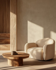 Minimalist interior design of modern bright and airy living room with a beige armchair and wooden accents. Large abstract art and natural light bring warmth and elegance to the minimal decor.