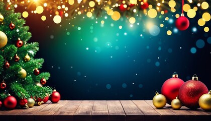 Festive christmas setting with ornaments and tree on wooden table