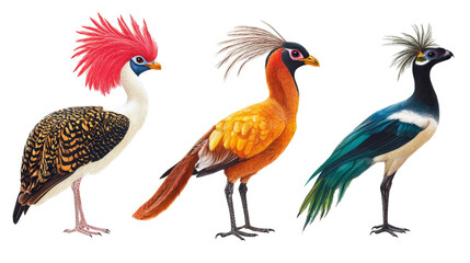 Naklejka premium Three Birds With Colorful Plumes, Digital Illustration, Avian Artwork, Feathers, Bird Art, Bird Illustration ,birds
