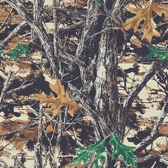 Oak Tree Bark Oak Leaves Hunting Camo Pattern, Seamless Camouflage Foliage Texture