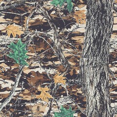 Oak Tree Bark Oak Leaves Hunting Camo Pattern, Seamless Camouflage Foliage Texture