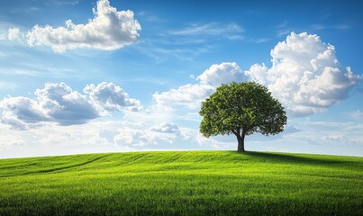 a single tree standing on a lush green hill under a bright blue sky with fluffy clouds, creating a serene and natural landscape.