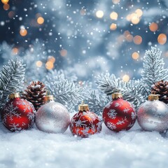 A christmas decoration with balls and snow on the background