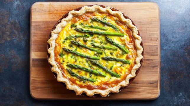 Whole savory vegetable asparagus quiche food on cutting board