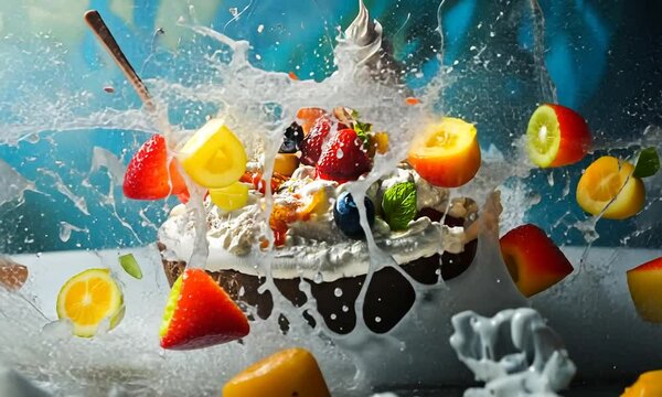 Fruit Explosion: Vibrant Cake Splashing with Fresh Berries and Cream