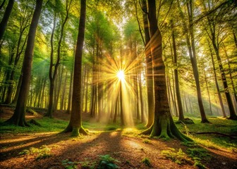 Obraz premium Enchanting Forest Canopy with Sunlight Filtering Through Majestic Trees Illuminating the Ground in a Tranquil Natural Setting for Relaxation and Reflection