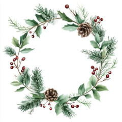 festive wreath with pine branches, holly leaves, red berries, and pinecones on white background, evoking sense of holiday cheer and natural beauty
